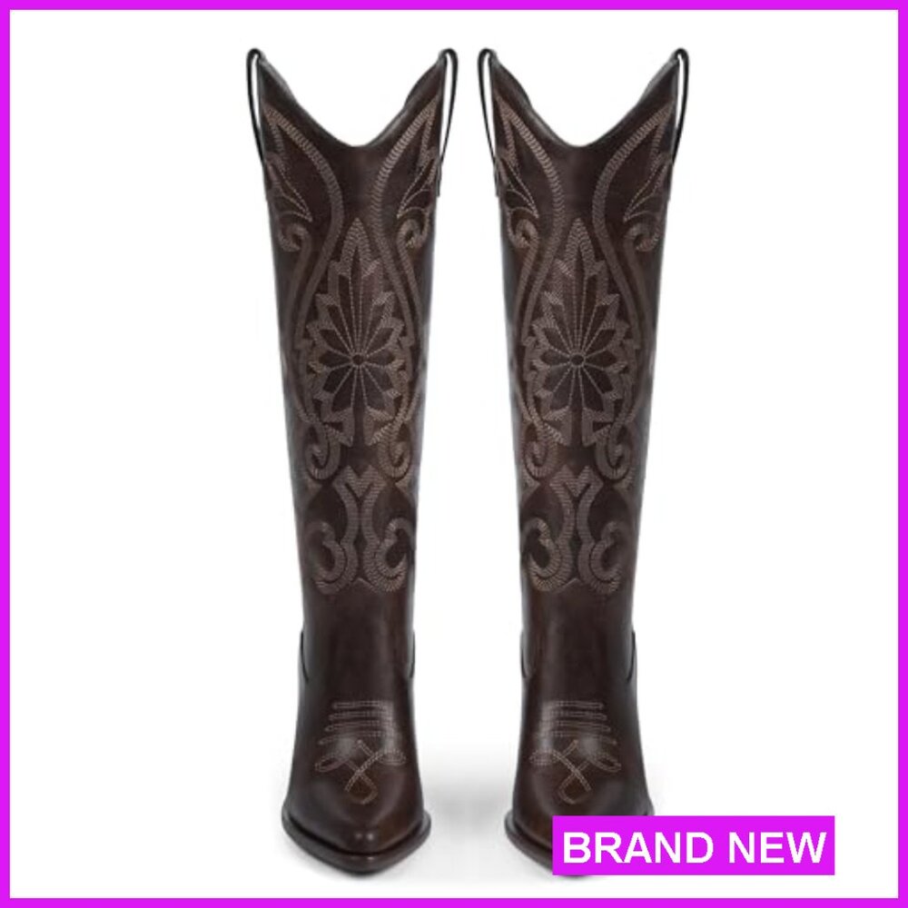 Knee High Cowboy Boots Embroidered Western Chunky Heel Pointed Toe Slip On - Picture 5 of 7